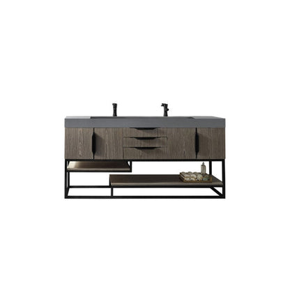 James Martin Columbia 73" Double Ash Gray Bathroom Vanity With Matte Black Hardware and 6" Glossy Dusk Gray Composite Countertop