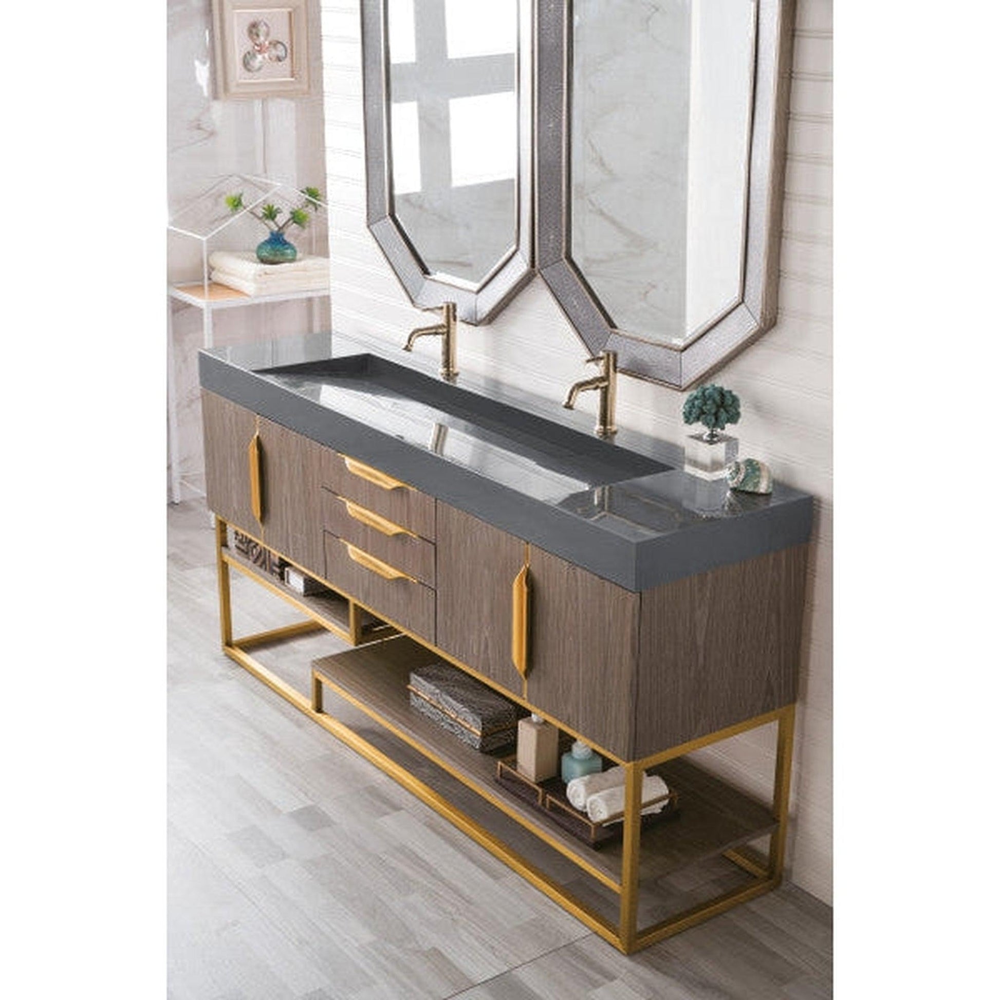 James Martin Columbia 73" Double Ash Gray Bathroom Vanity With Radiant Gold Hardware and 6" Glossy Dusk Gray Composite Countertop