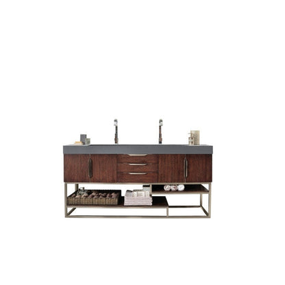James Martin Columbia 73" Double Coffee Oak Bathroom Vanity With 6" Glossy Dusk Gray Composite Countertop