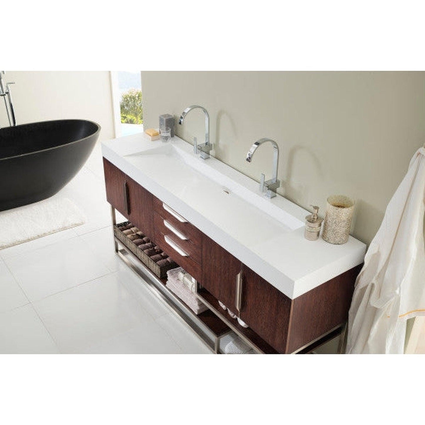 James Martin Columbia 73" Double Coffee Oak Bathroom Vanity With 6" Glossy White Composite Countertop