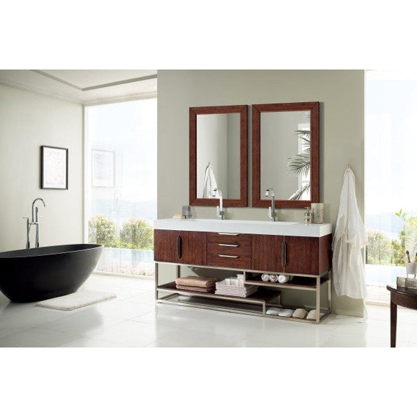 James Martin Columbia 73" Double Coffee Oak Bathroom Vanity With 6" Glossy White Composite Countertop