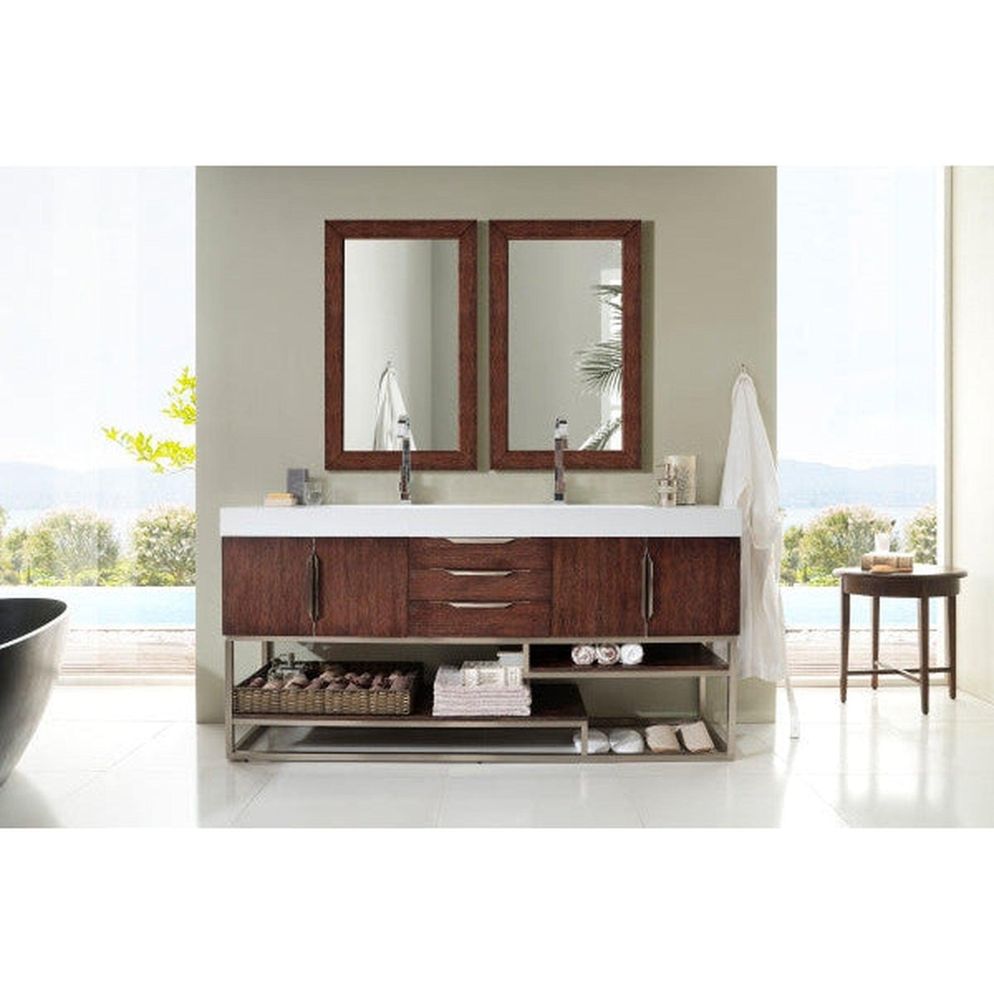James Martin Columbia 73" Double Coffee Oak Bathroom Vanity With 6" Glossy White Composite Countertop