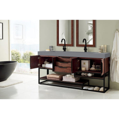 James Martin Columbia 73" Double Coffee Oak Bathroom Vanity With Matte Black Hardware and 6" Glossy Dusk Gray Composite Countertop