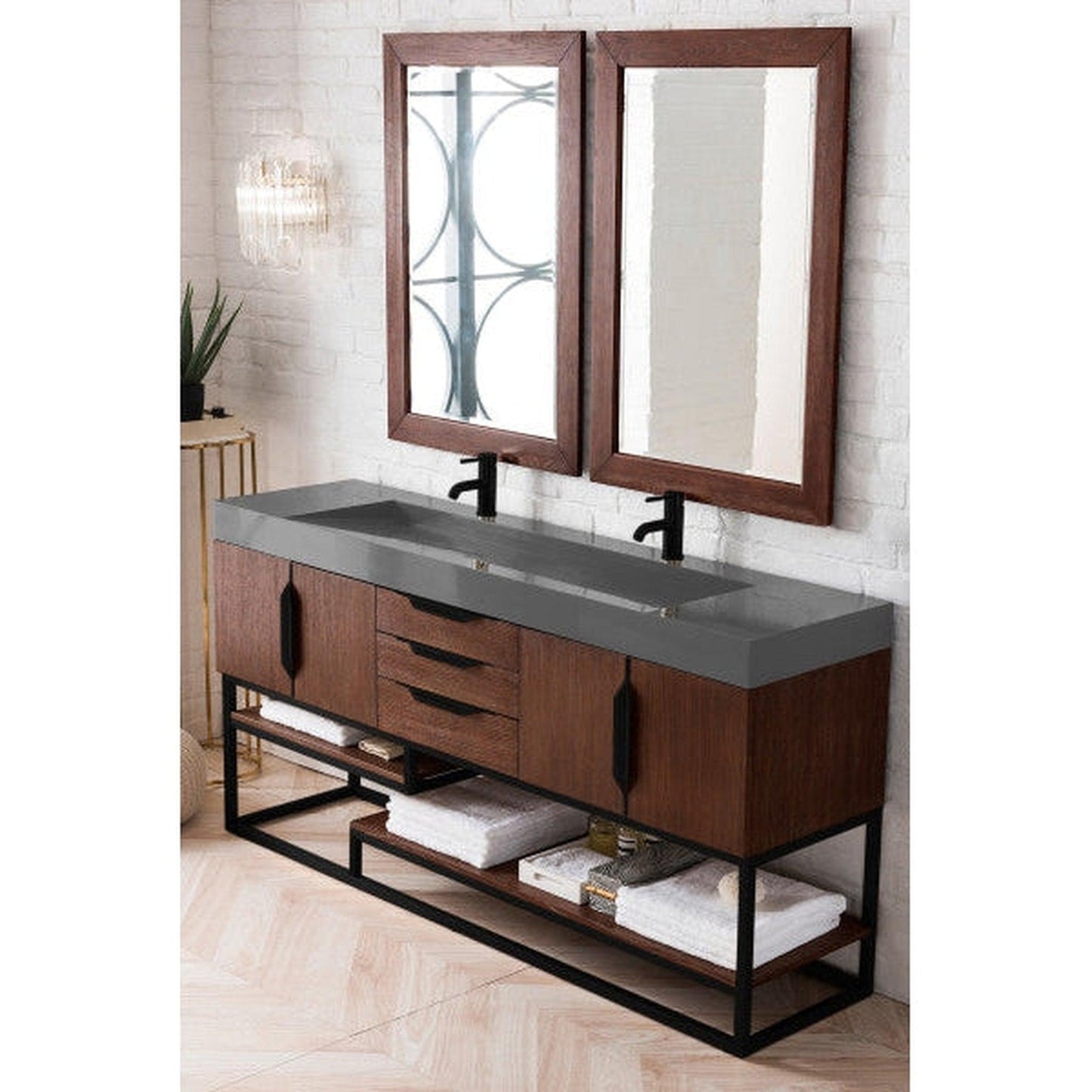 James Martin Columbia 73" Double Coffee Oak Bathroom Vanity With Matte Black Hardware and 6" Glossy Dusk Gray Composite Countertop
