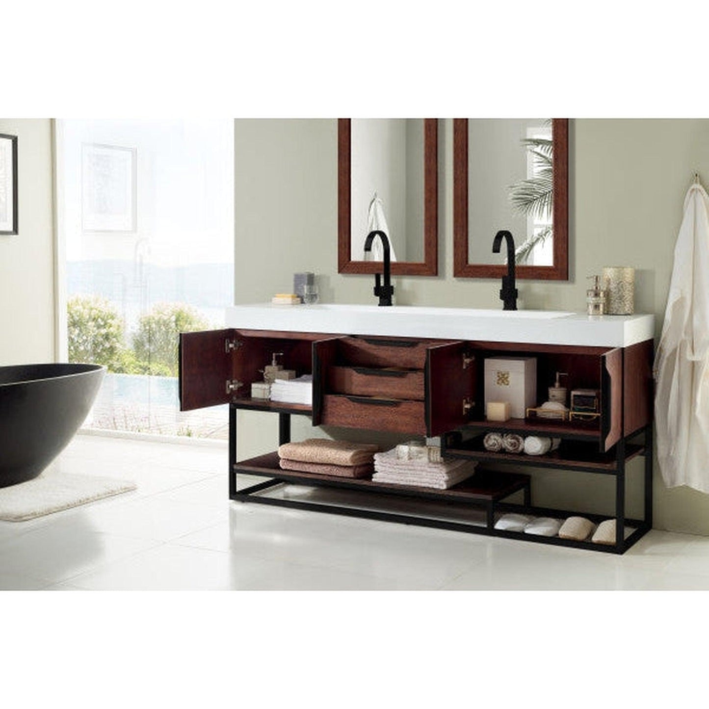 James Martin Columbia 73" Double Coffee Oak Bathroom Vanity With Matte Black Hardware and 6" Glossy White Composite Countertop