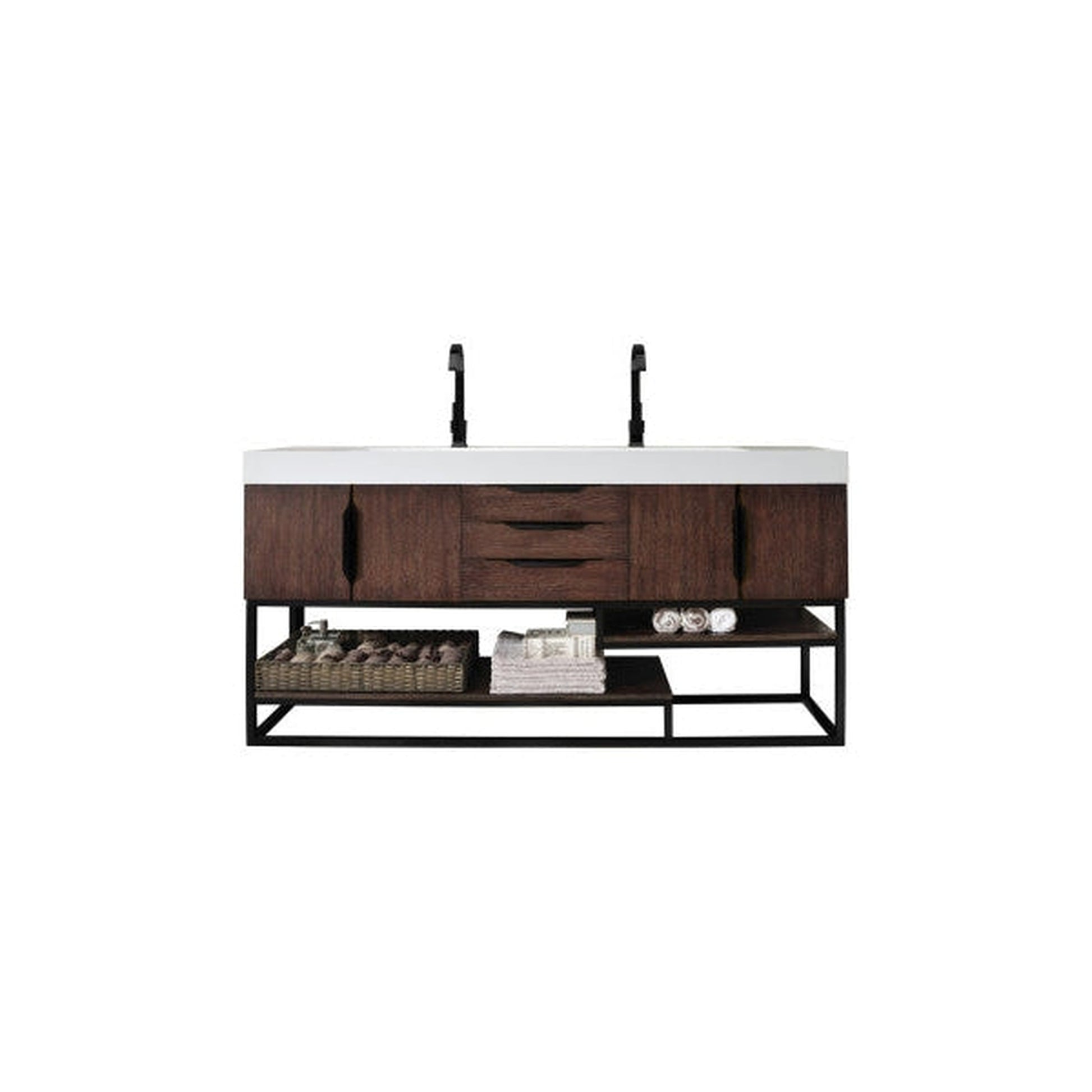 James Martin Columbia 73" Double Coffee Oak Bathroom Vanity With Matte Black Hardware and 6" Glossy White Composite Countertop