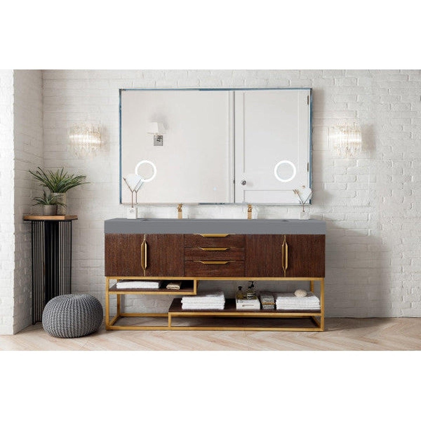James Martin Columbia 73" Double Coffee Oak Bathroom Vanity With Radiant Gold Hardware and 6" Glossy Dusk Gray Composite Countertop