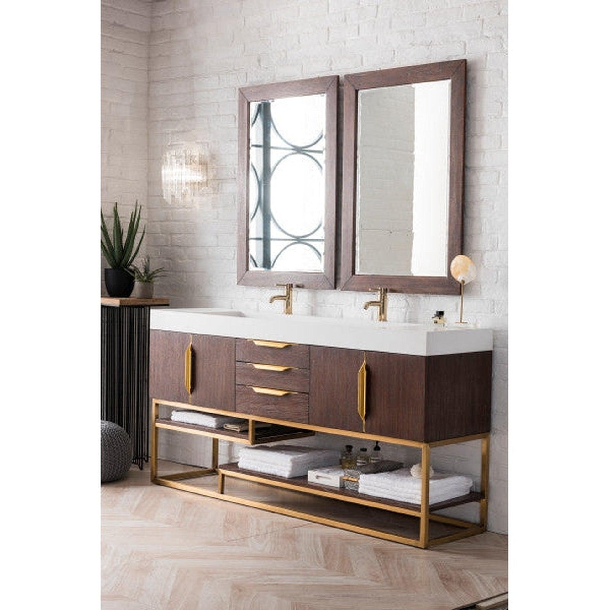 James Martin Columbia 73" Double Coffee Oak Bathroom Vanity With Radiant Gold Hardware and 6" Glossy White Composite Countertop