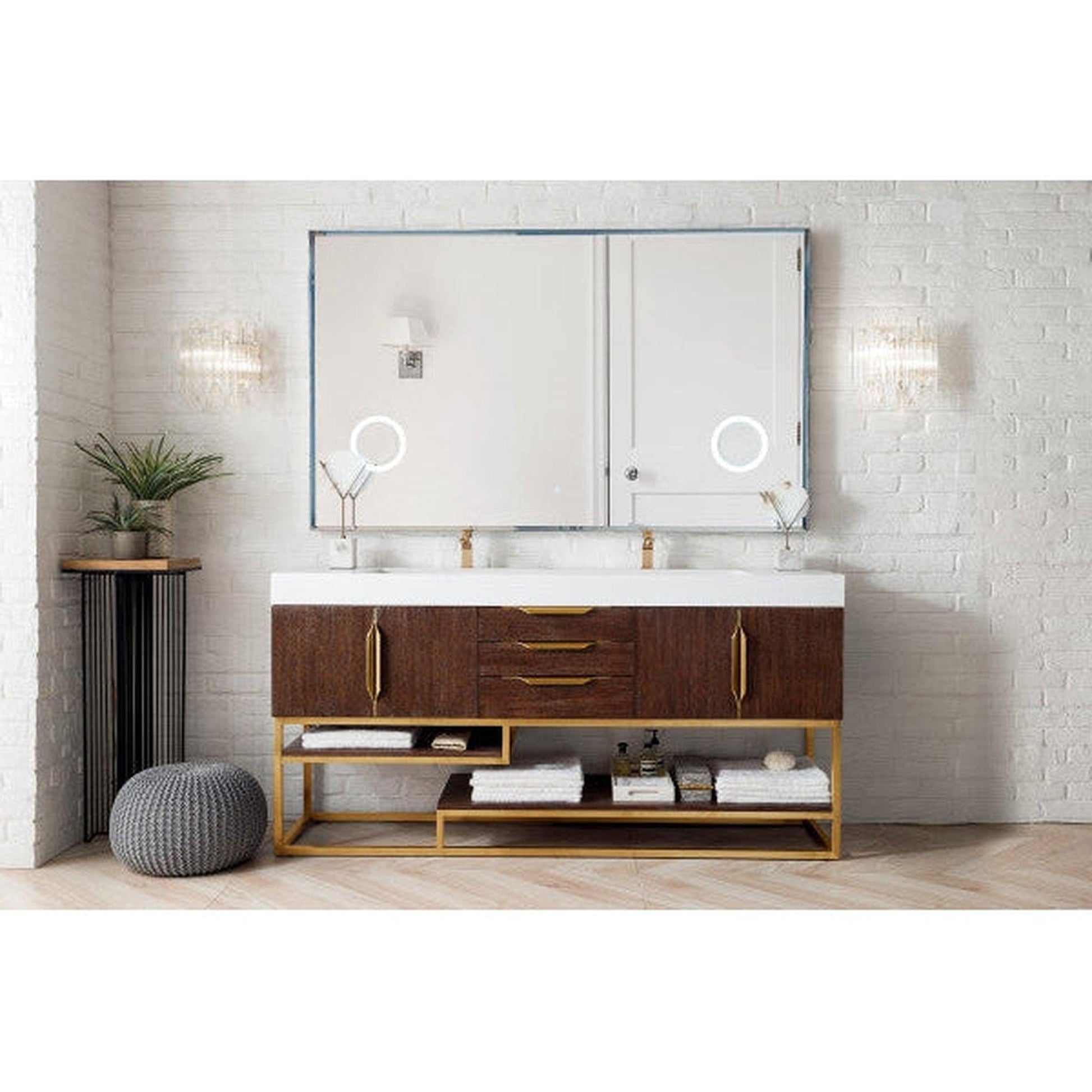 James Martin Columbia 73" Double Coffee Oak Bathroom Vanity With Radiant Gold Hardware and 6" Glossy White Composite Countertop