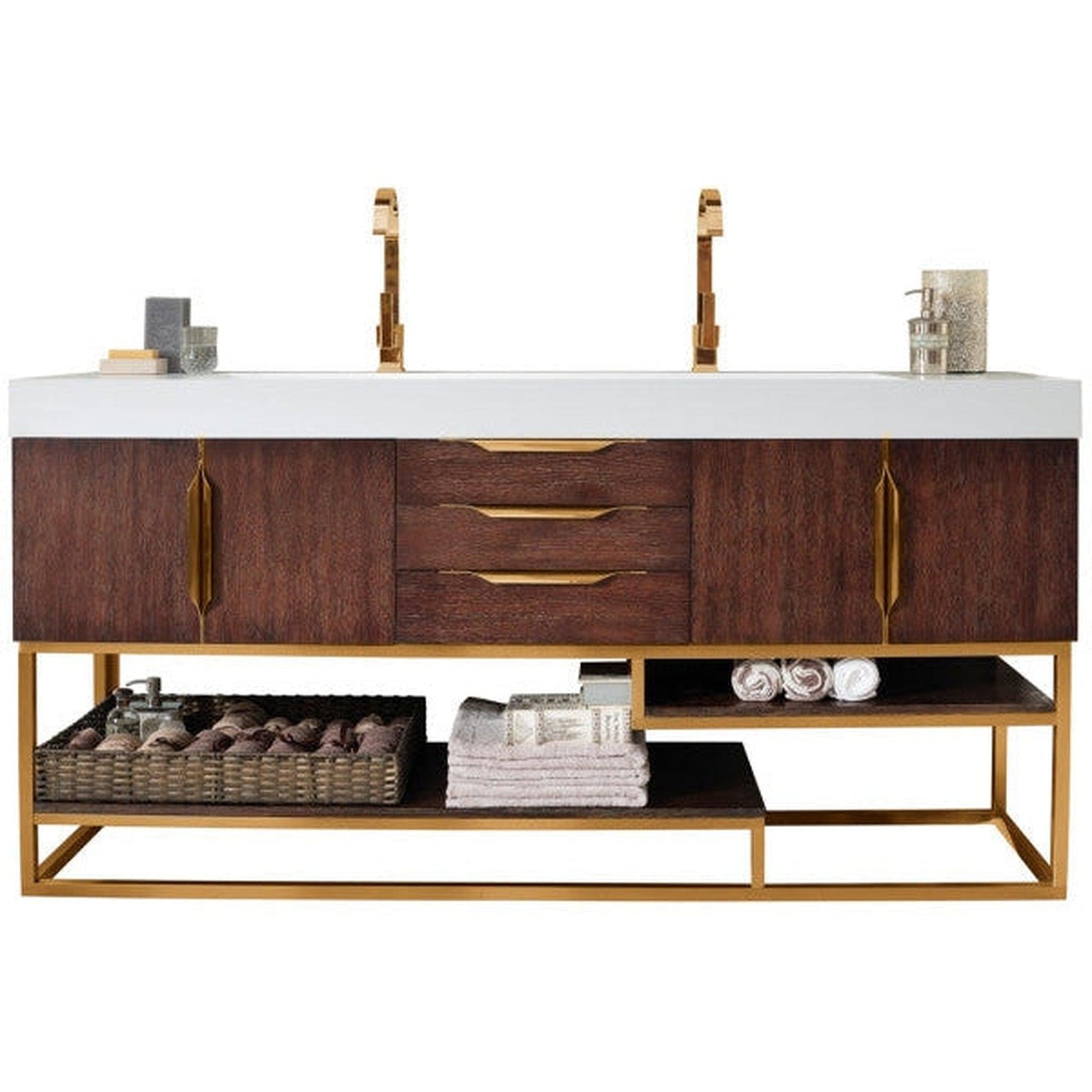 James Martin Columbia 73" Double Coffee Oak Bathroom Vanity With Radiant Gold Hardware and 6" Glossy White Composite Countertop