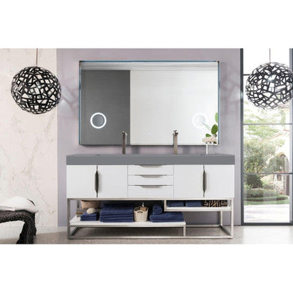 James Martin Columbia 73" Double Glossy White Bathroom Vanity With 6" Glossy Dusk Gray Composite Countertop