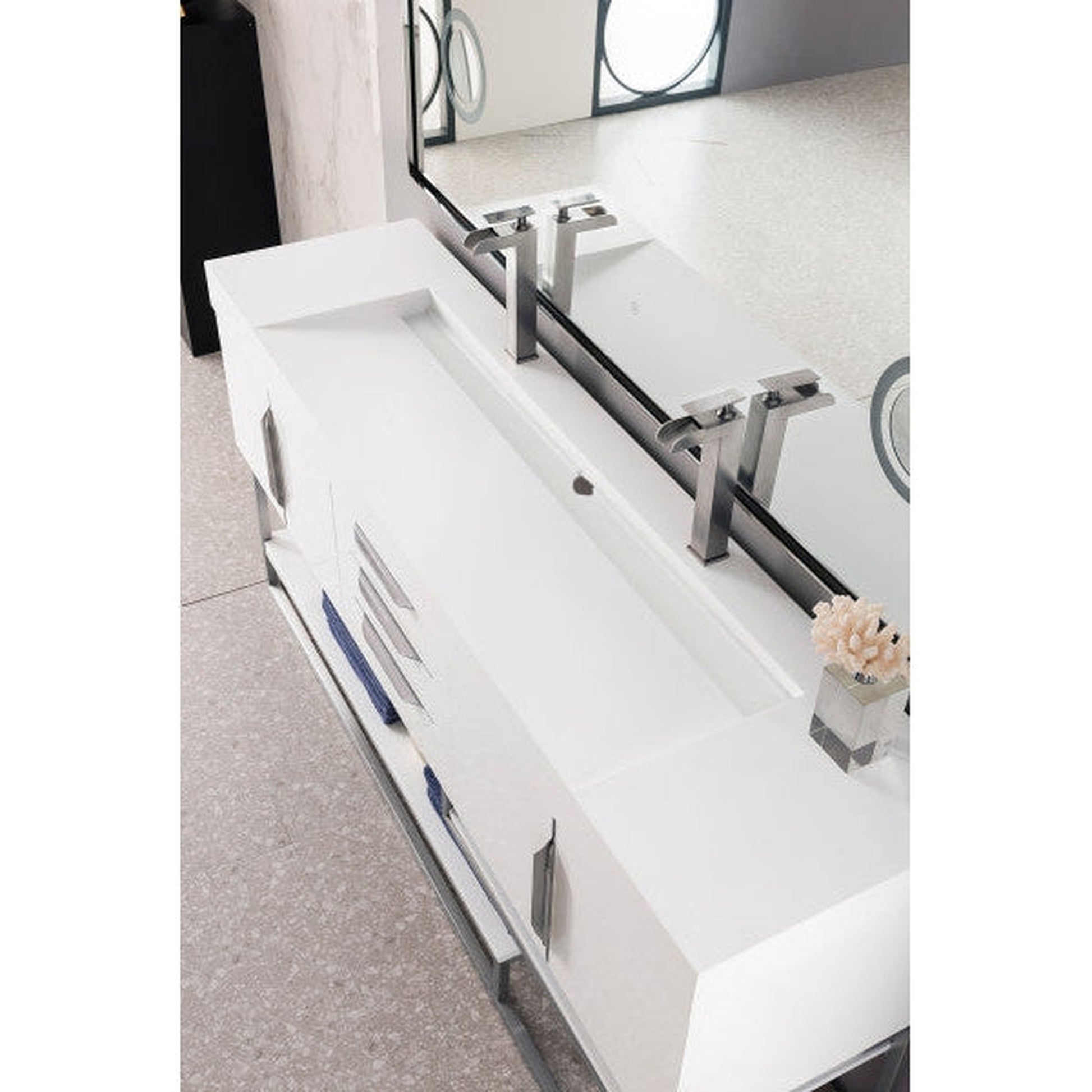 James Martin Columbia 73" Double Glossy White Bathroom Vanity With 6" Glossy White Composite Countertop
