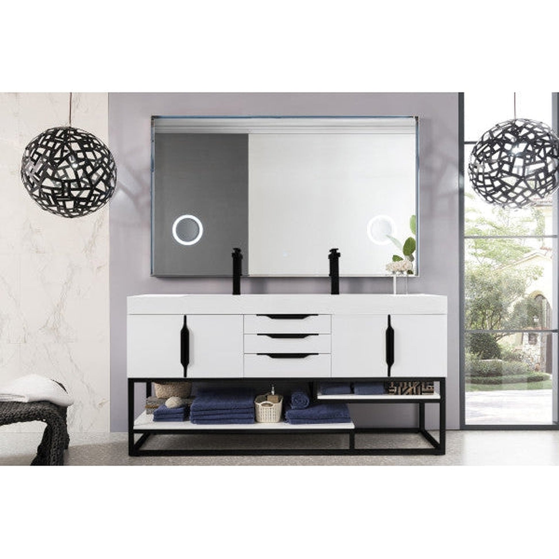 James Martin Columbia 73" Double Glossy White Bathroom Vanity With Matte Black Hardware and 6" Glossy White Composite Countertop