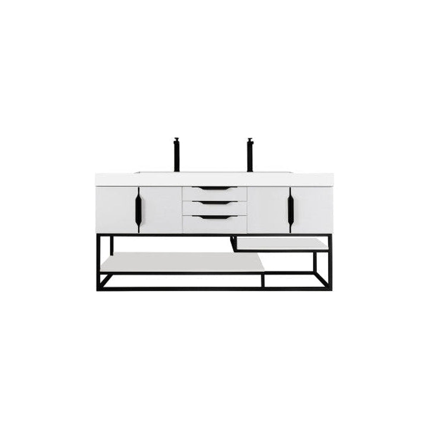 James Martin Columbia 73" Double Glossy White Bathroom Vanity With Matte Black Hardware and 6" Glossy White Composite Countertop