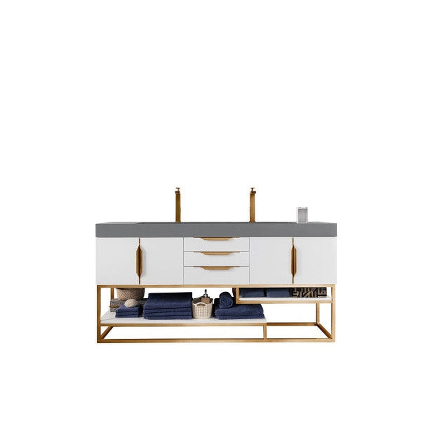 James Martin Columbia 73" Double Glossy White Bathroom Vanity With Radiant Gold Hardware and 6" Glossy Dusk Gray Composite Countertop