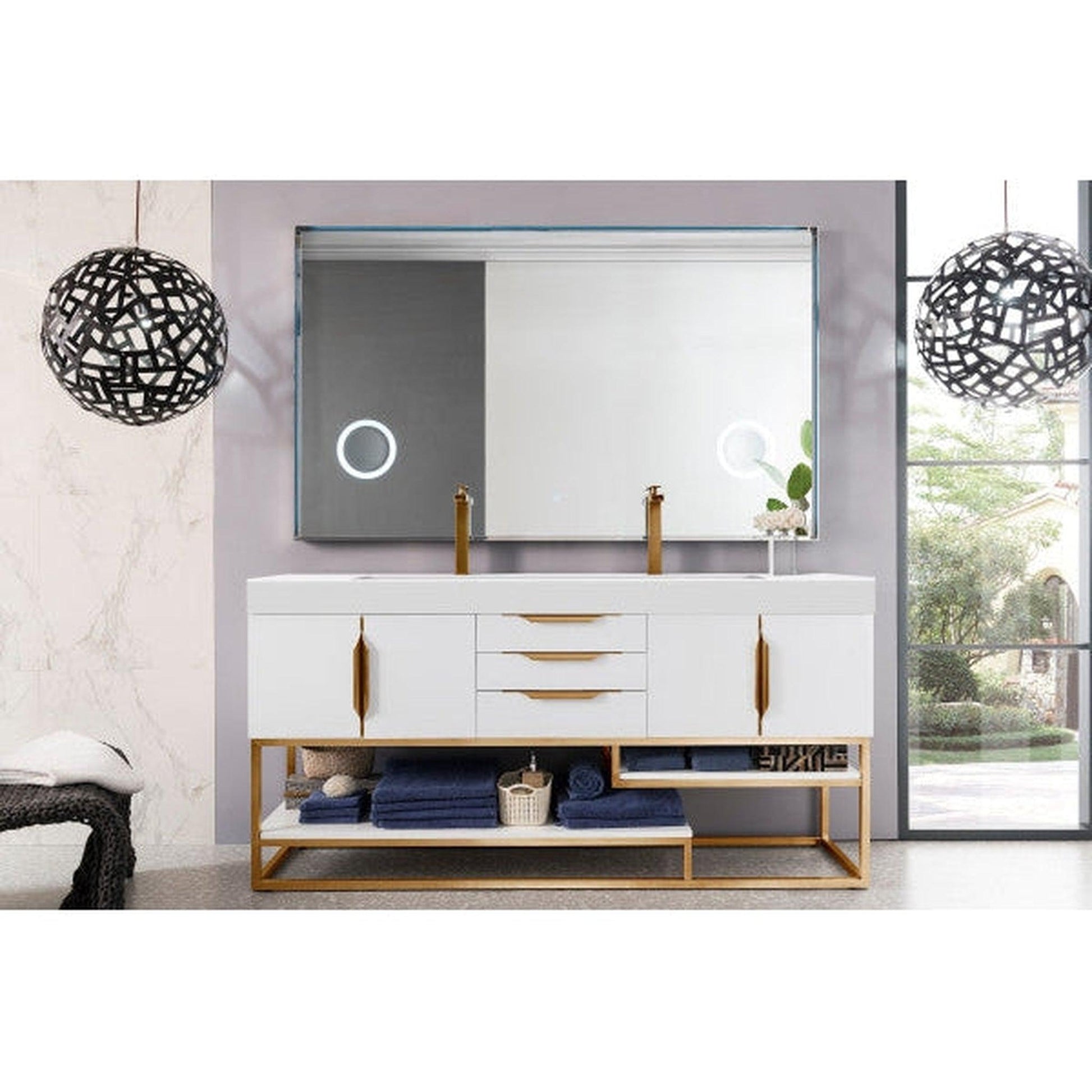James Martin Columbia 73" Double Glossy White Bathroom Vanity With Radiant Gold Hardware and 6" Glossy White Composite Countertop