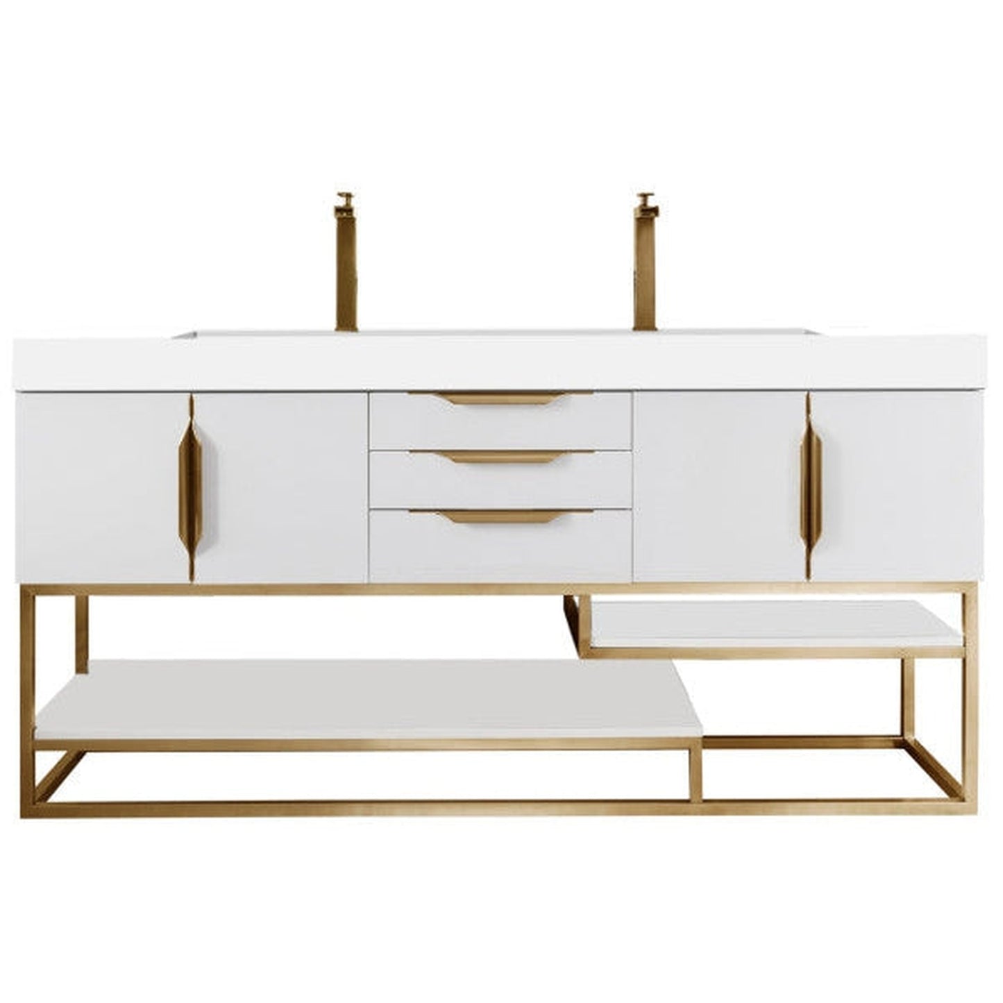 James Martin Columbia 73" Double Glossy White Bathroom Vanity With Radiant Gold Hardware and 6" Glossy White Composite Countertop