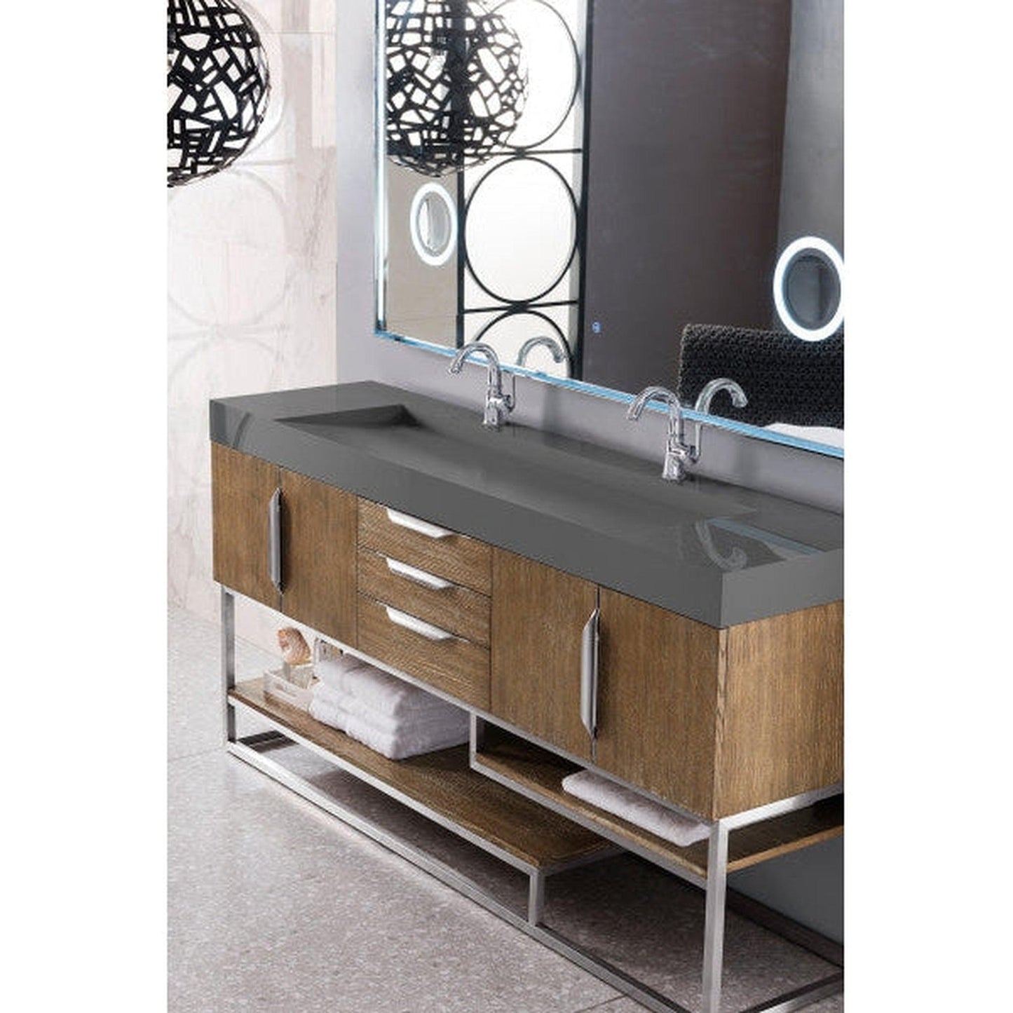 James Martin Columbia 73" Double Latte Oak Bathroom Vanity With 6" Glossy Dusk Gray Composite Countertop