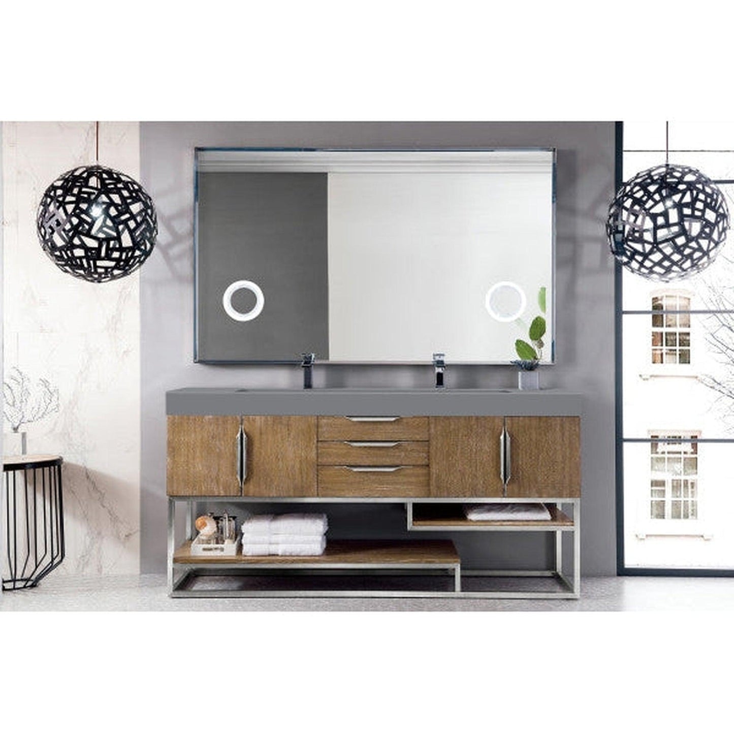James Martin Columbia 73" Double Latte Oak Bathroom Vanity With 6" Glossy Dusk Gray Composite Countertop