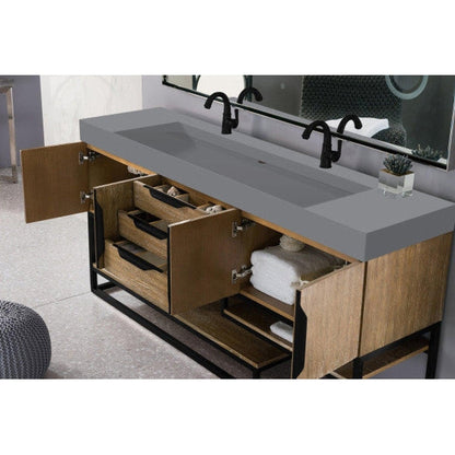 James Martin Columbia 73" Double Latte Oak Bathroom Vanity With Matte Black Hardware and 6" Glossy Dusk Gray Composite Countertop