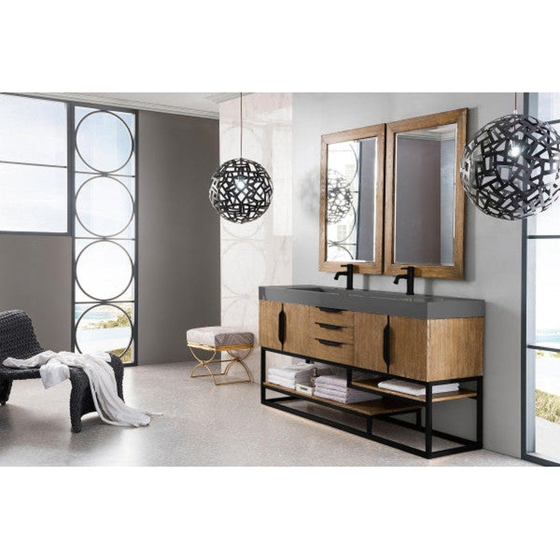 James Martin Columbia 73" Double Latte Oak Bathroom Vanity With Matte Black Hardware and 6" Glossy Dusk Gray Composite Countertop