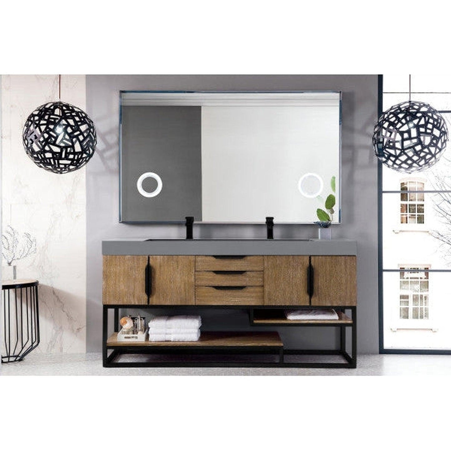 James Martin Columbia 73" Double Latte Oak Bathroom Vanity With Matte Black Hardware and 6" Glossy Dusk Gray Composite Countertop