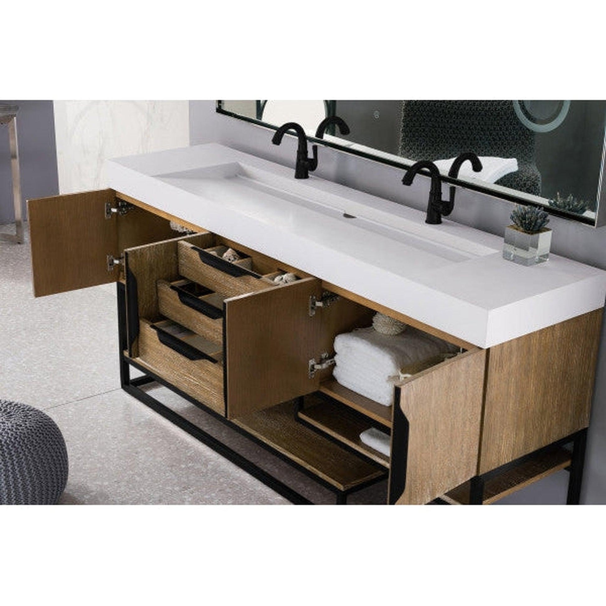 James Martin Columbia 73" Double Latte Oak Bathroom Vanity With Matte Black Hardware and 6" Glossy White Composite Countertop