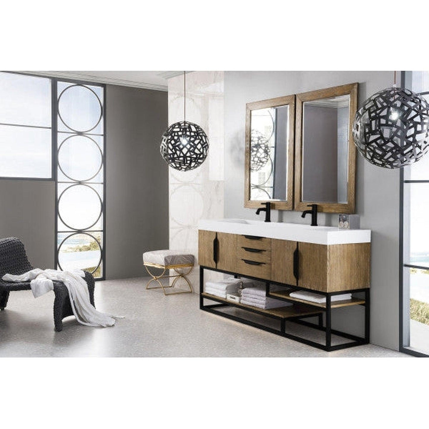 James Martin Columbia 73" Double Latte Oak Bathroom Vanity With Matte Black Hardware and 6" Glossy White Composite Countertop