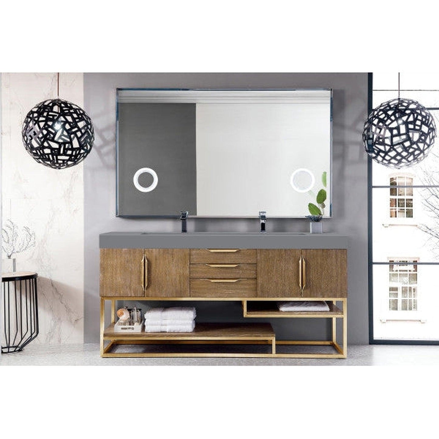 James Martin Columbia 73" Double Latte Oak Bathroom Vanity With Radiant Gold Hardware and 6" Glossy Dusk Gray Composite Countertop