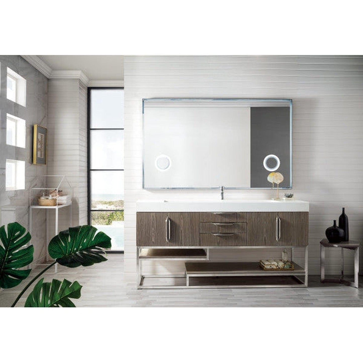 James Martin Columbia 73" Single Ash Gray Bathroom Vanity With 6" Glossy White Composite Countertop