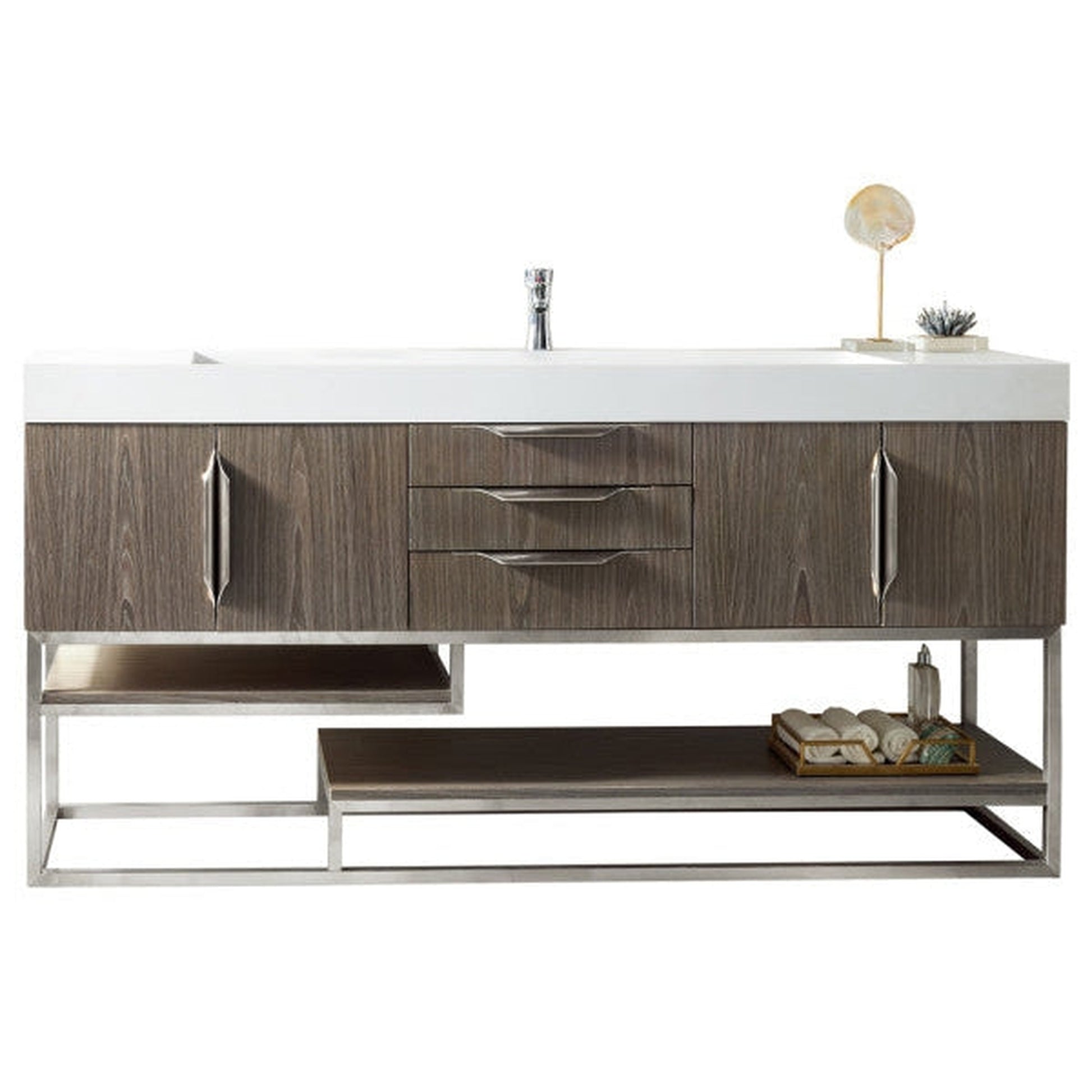 James Martin Columbia 73" Single Ash Gray Bathroom Vanity With 6" Glossy White Composite Countertop