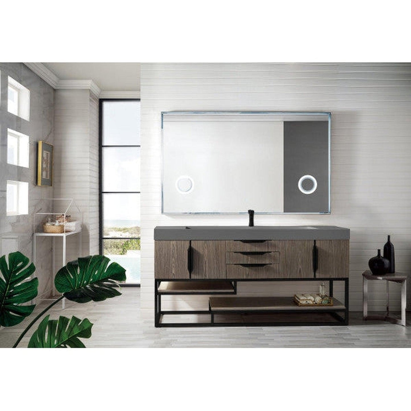 James Martin Columbia 73" Single Ash Gray Bathroom Vanity With Matte Black Hardware and 6" Glossy Dusk Gray Composite Countertop