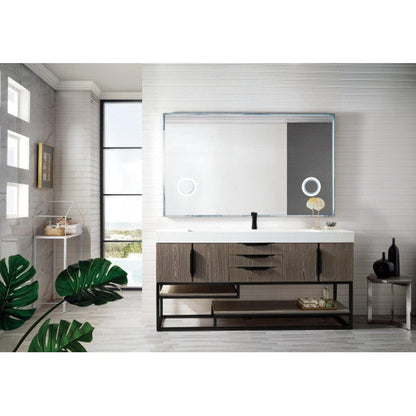 James Martin Columbia 73" Single Ash Gray Bathroom Vanity With Matte Black Hardware and 6" Glossy White Composite Countertop