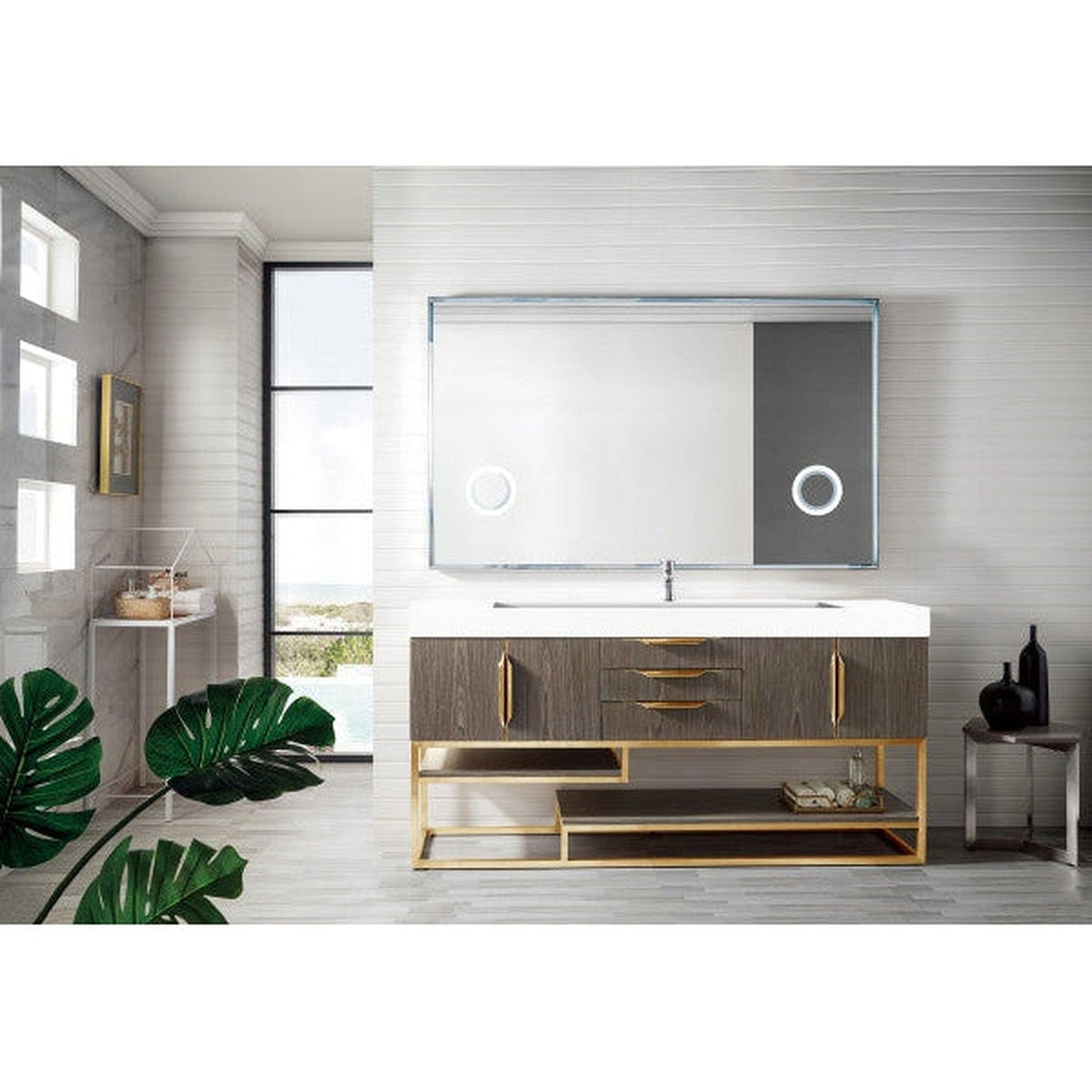 James Martin Columbia 73" Single Ash Gray Bathroom Vanity With Radiant Gold Hardware and 6" Glossy White Composite Countertop