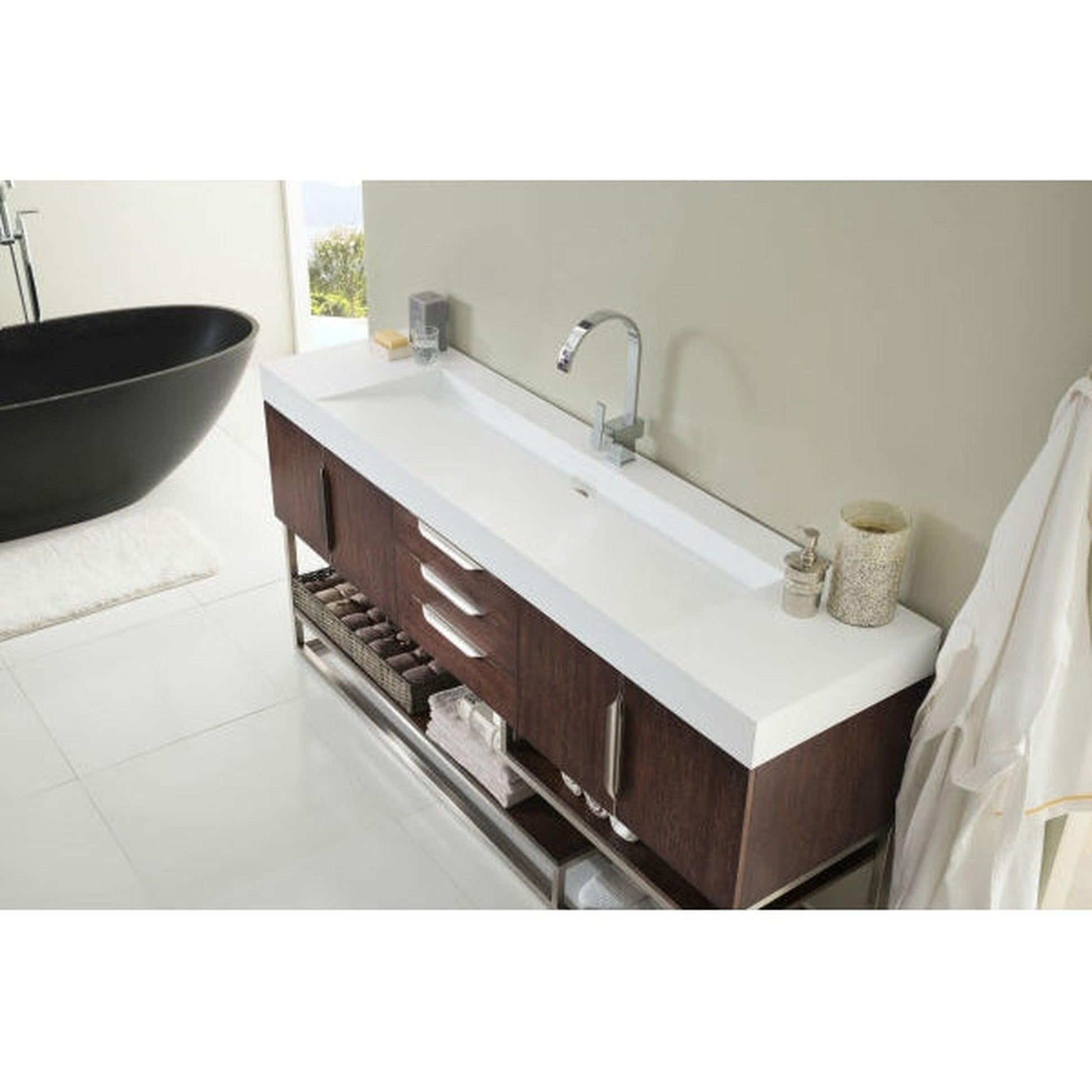 James Martin Columbia 73" Single Coffee Oak Bathroom Vanity With 6" Glossy White Composite Countertop