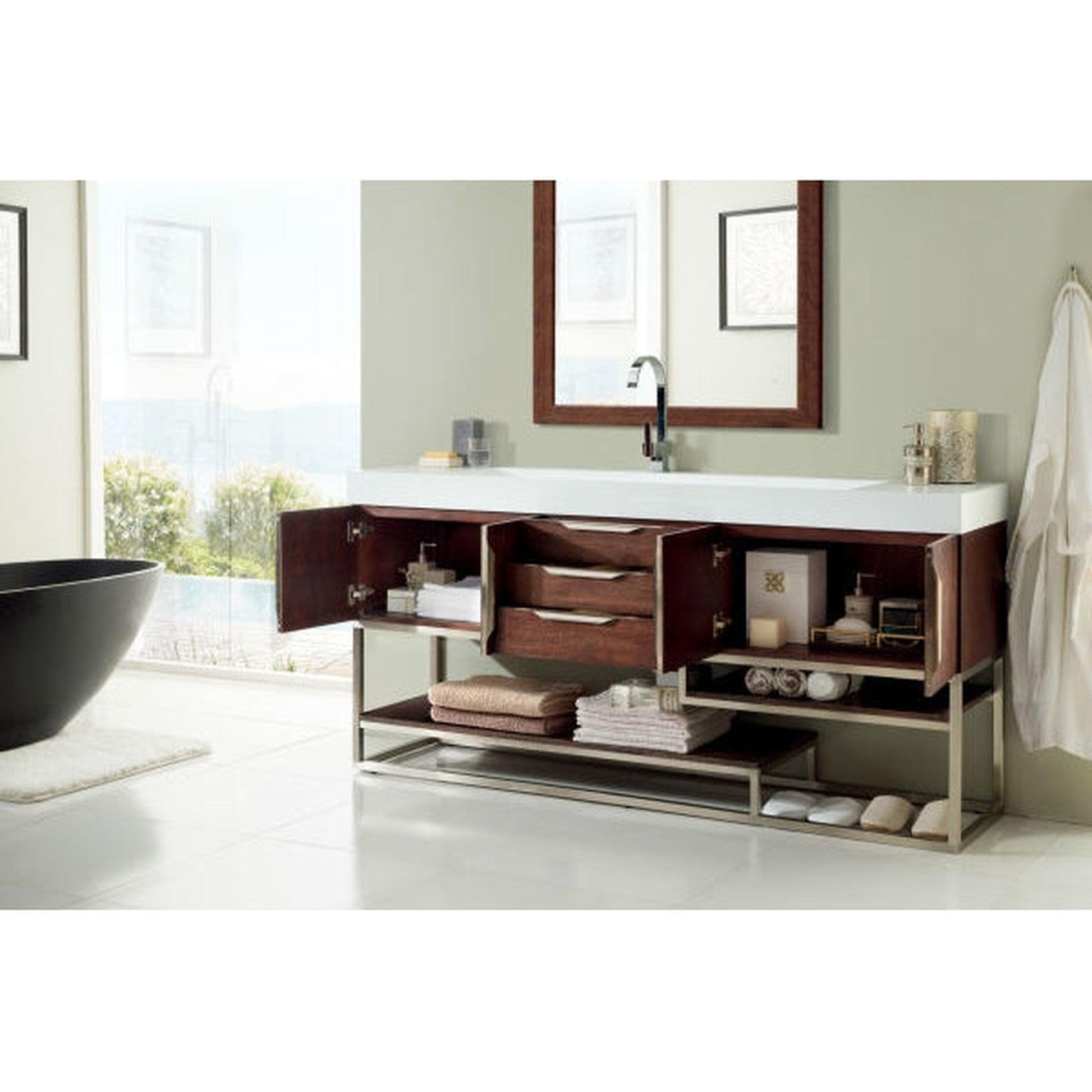 James Martin Columbia 73" Single Coffee Oak Bathroom Vanity With 6" Glossy White Composite Countertop