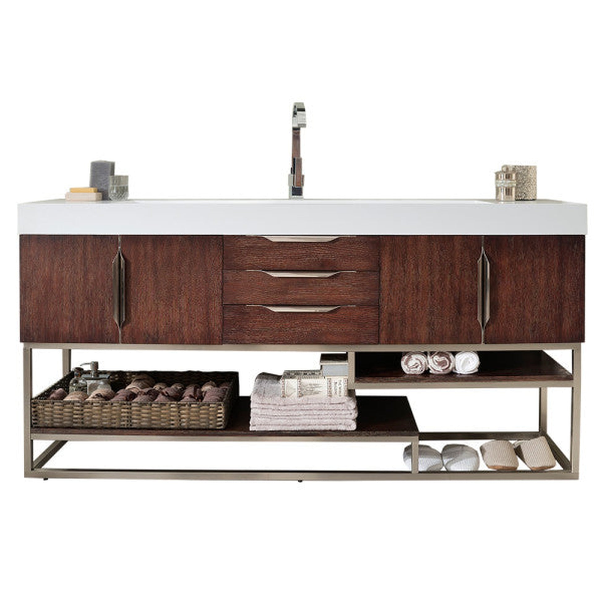 James Martin Columbia 73" Single Coffee Oak Bathroom Vanity With 6" Glossy White Composite Countertop