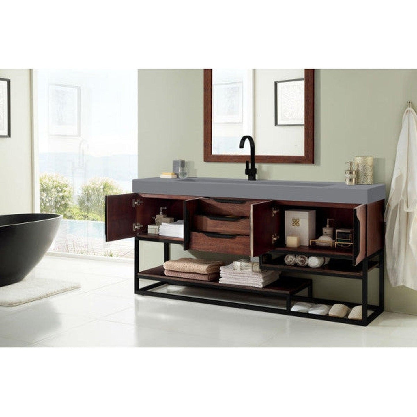 James Martin Columbia 73" Single Coffee Oak Bathroom Vanity With Matte Black Hardware and 6" Glossy Dusk Gray Composite Countertop