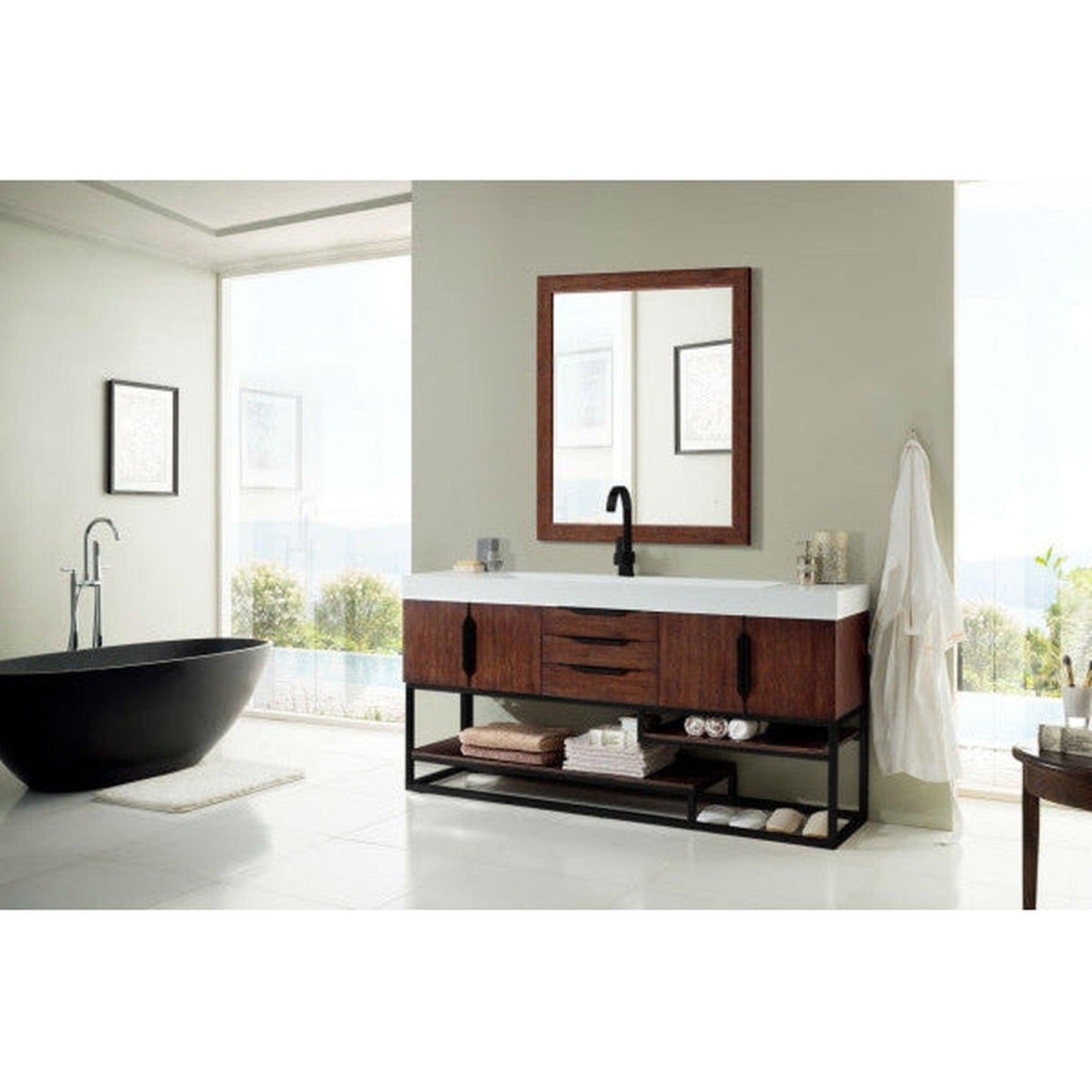 James Martin Columbia 73" Single Coffee Oak Bathroom Vanity With Matte Black Hardware and 6" Glossy White Composite Countertop
