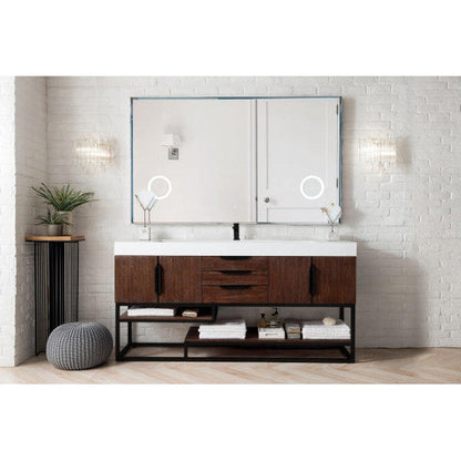 James Martin Columbia 73" Single Coffee Oak Bathroom Vanity With Matte Black Hardware and 6" Glossy White Composite Countertop