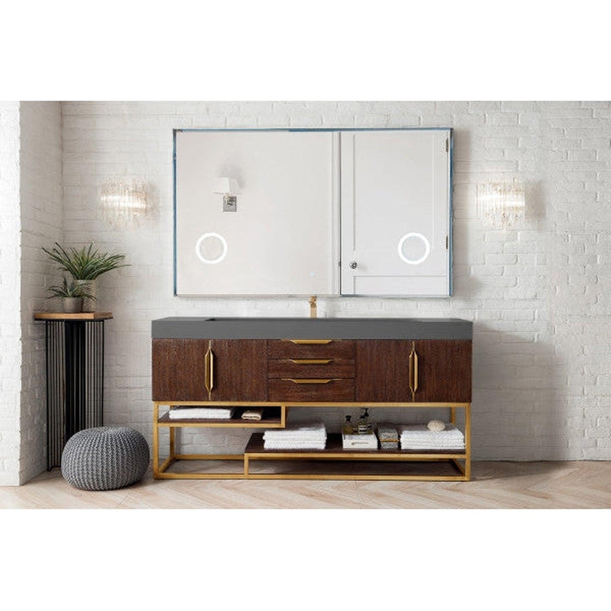 James Martin Columbia 73" Single Coffee Oak Bathroom Vanity With Radiant Gold Hardware and 6" Glossy Dusk Gray Composite Countertop