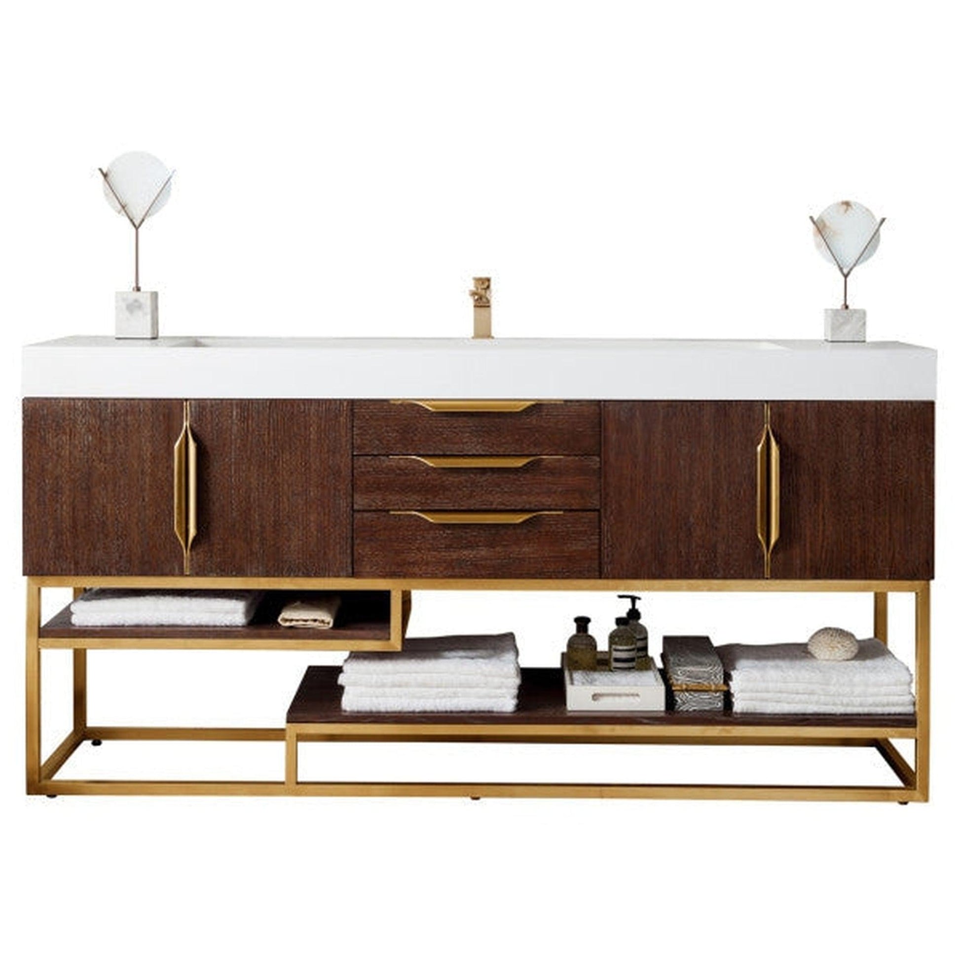 James Martin Columbia 73" Single Coffee Oak Bathroom Vanity With Radiant Gold Hardware and 6" Glossy White Composite Countertop