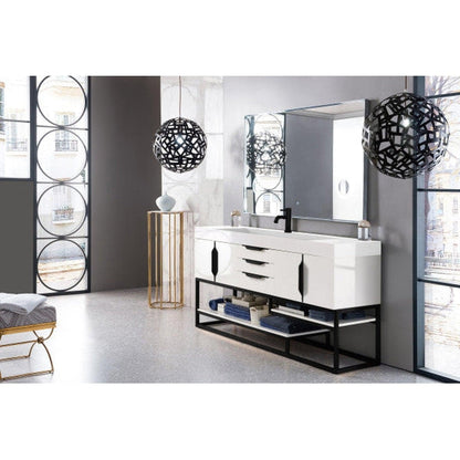 James Martin Columbia 73" Single Glossy White Bathroom Vanity With Matte Black Hardware and 6" Glossy White Composite Countertop