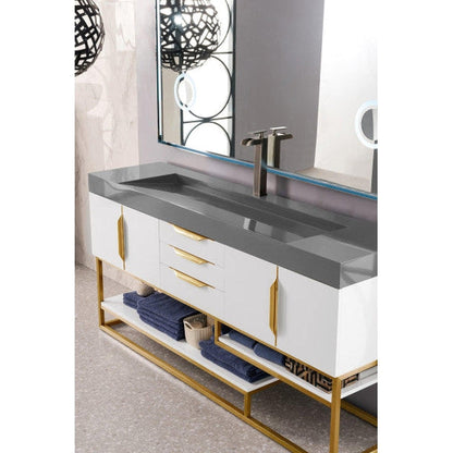 James Martin Columbia 73" Single Glossy White Bathroom Vanity With Radiant Gold Hardware and 6" Glossy Dusk Gray Composite Countertop
