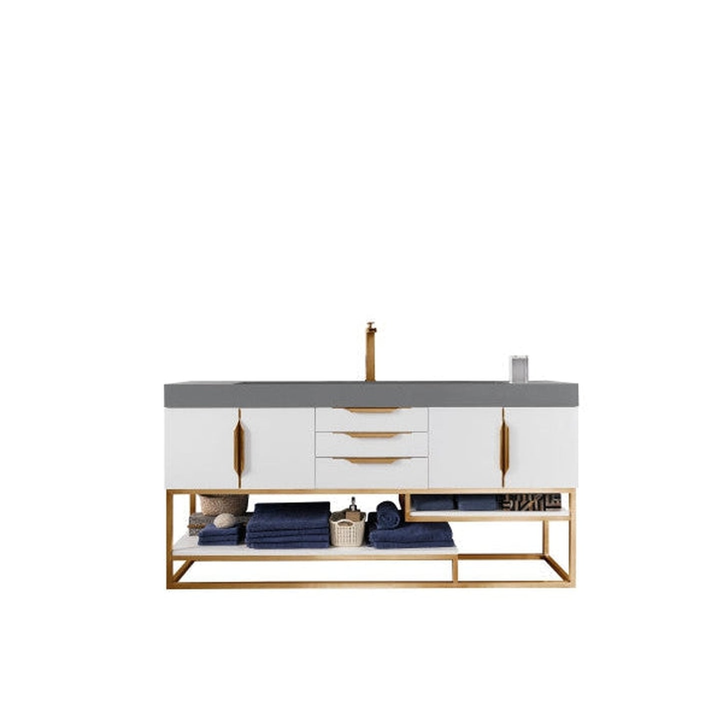 James Martin Columbia 73" Single Glossy White Bathroom Vanity With Radiant Gold Hardware and 6" Glossy Dusk Gray Composite Countertop