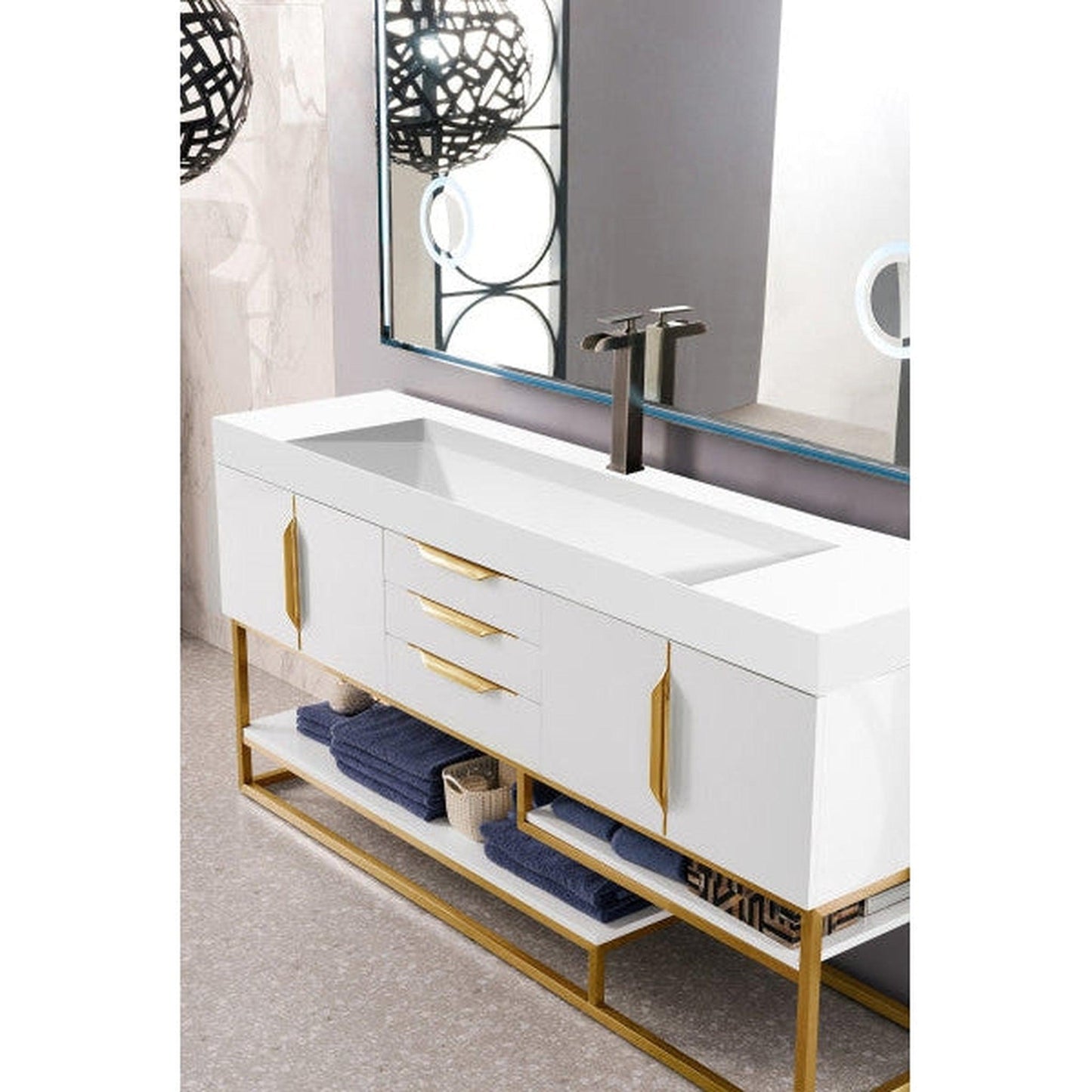 James Martin Columbia 73" Single Glossy White Bathroom Vanity With Radiant Gold Hardware and 6" Glossy White Composite Countertop