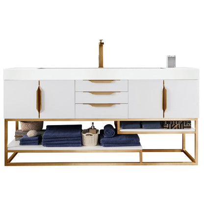 James Martin Columbia 73" Single Glossy White Bathroom Vanity With Radiant Gold Hardware and 6" Glossy White Composite Countertop