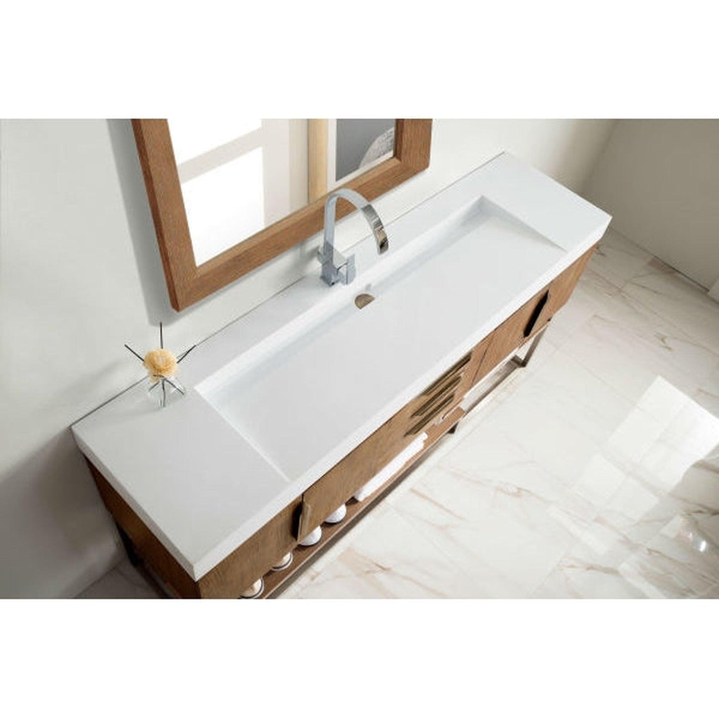 James Martin Columbia 73" Single Latte Oak Bathroom Vanity With 6" Glossy White Composite Countertop