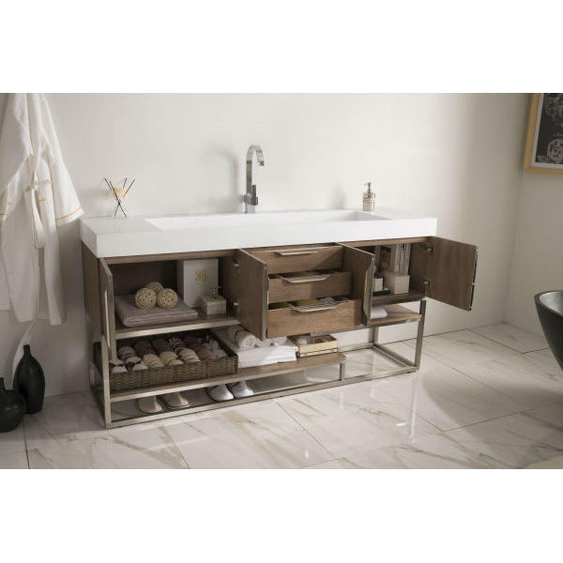 James Martin Columbia 73" Single Latte Oak Bathroom Vanity With 6" Glossy White Composite Countertop