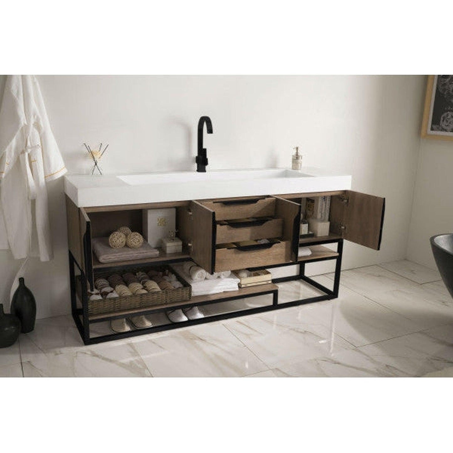 James Martin Columbia 73" Single Latte Oak Bathroom Vanity With Matte Black Hardware and 6" Glossy White Composite Countertop